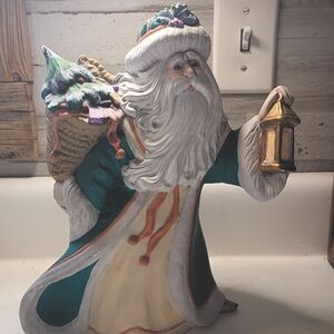 Vintage Santa Ceramic Mold Hand Painted w/ Gift And Latern  10"